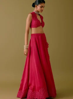 Fuchsia Pink Embroidered Silk Satin Lehenga