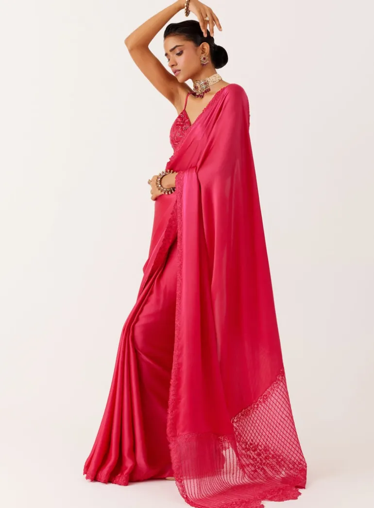 Fuchsia Pink Satin Organza Sari