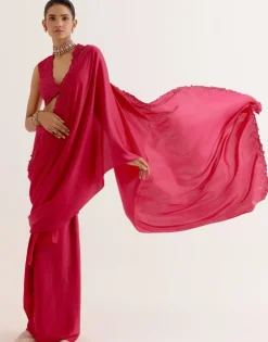 Fuchsia Pink Silk Satin Pre Draped Sari