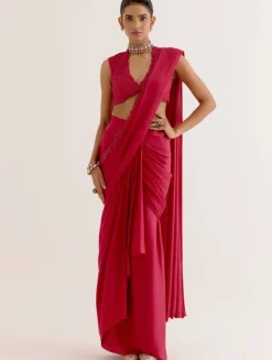 Fuchsia Pink Silk Satin Pre Draped Sari