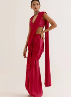 Fuchsia Pink Silk Satin Pre Draped Sari