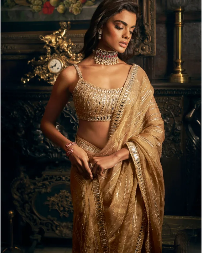 Gold Mirror work Sari Set