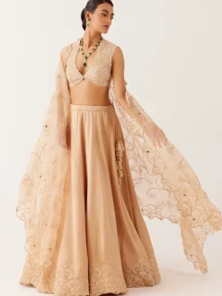 Golden Beige Embroidered Silk Satin Lehenga