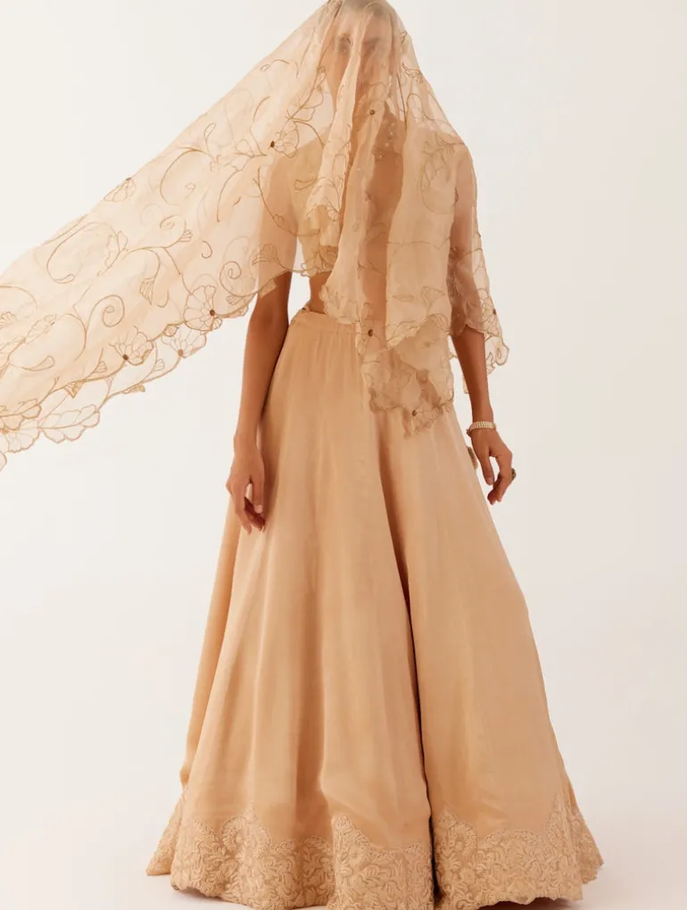 Golden Beige Embroidered Silk Satin Lehenga