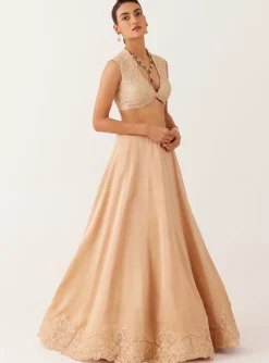Golden Beige Embroidered Silk Satin Lehenga