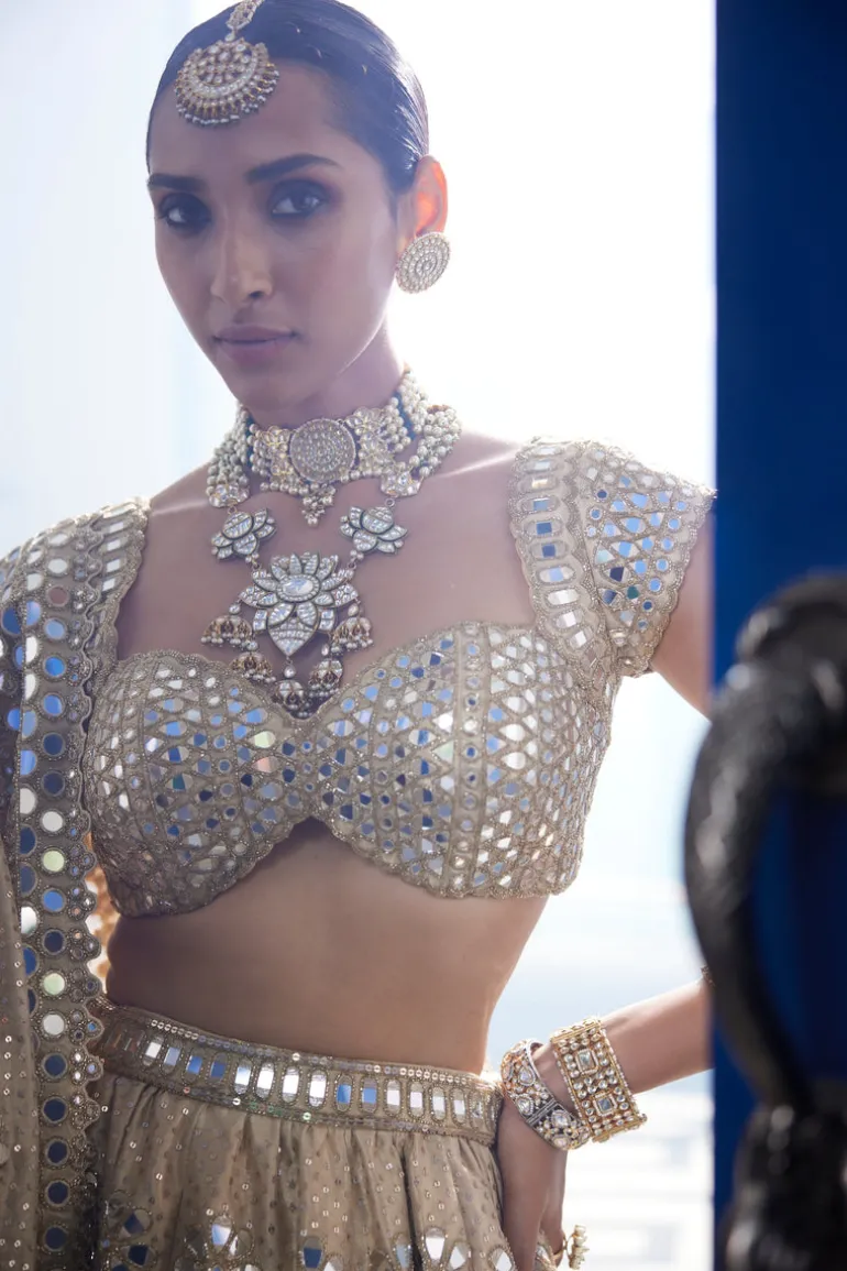 Golden Shimmer Organza Flower Lehenga Set