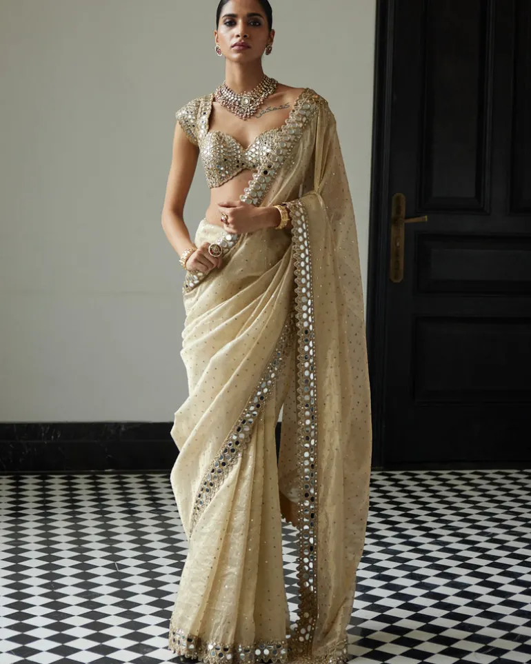 Golden Shimmer Organza Sari Set