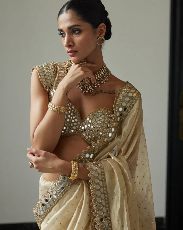 Golden Shimmer Organza Sari Set