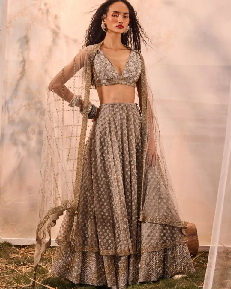 Gray 3D Flower Lehenga Set