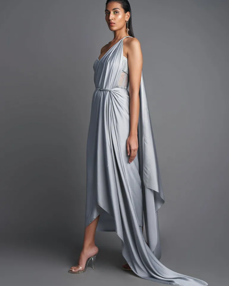 Gray Draped Sari With Bustier Set