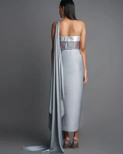 Gray Draped Sari With Bustier Set