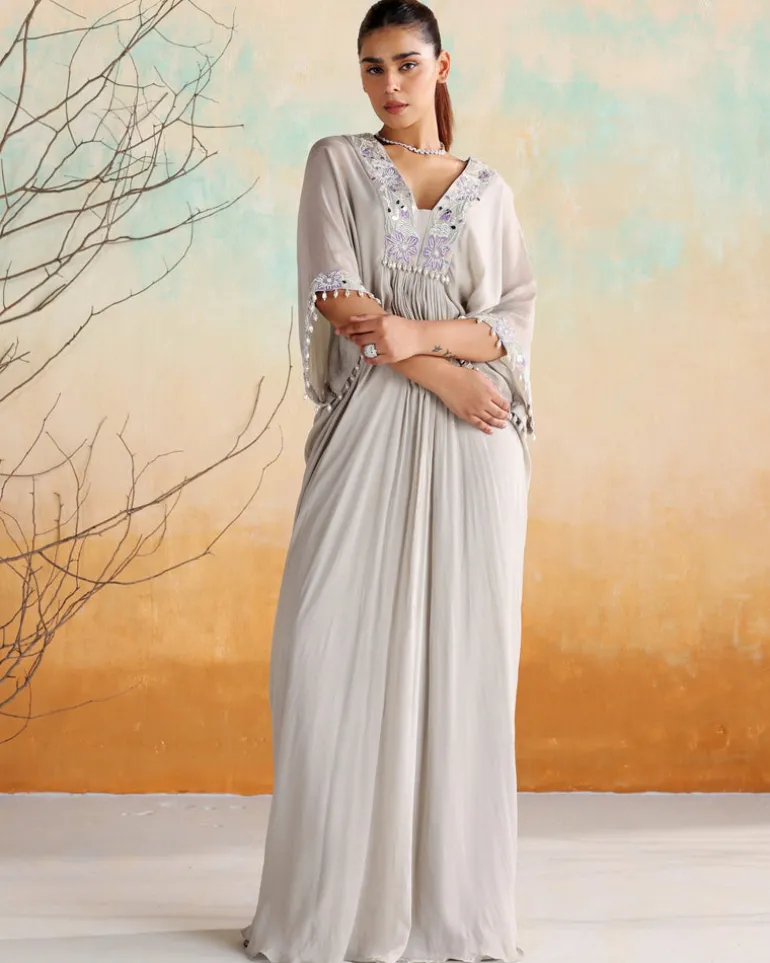 Gray Embellished Draped Kaftan