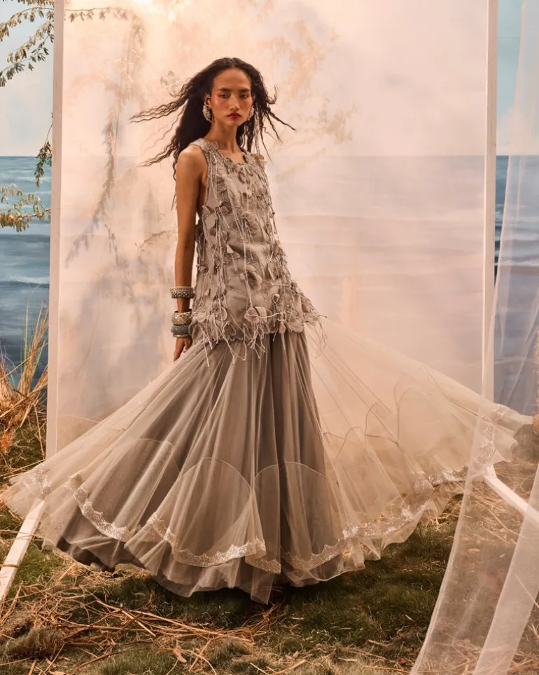 Gray Tassel Top With Frill Lehenga Set