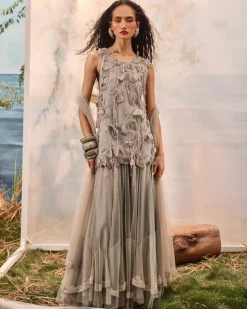 Gray Tassel Top With Frill Lehenga Set