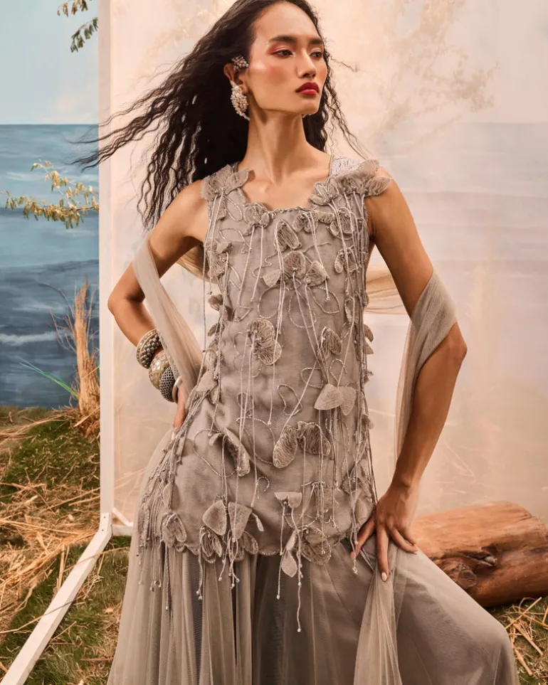 Gray Tassel Top With Frill Lehenga Set