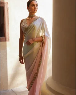 Green And Pink Ombre Organza Sari Set