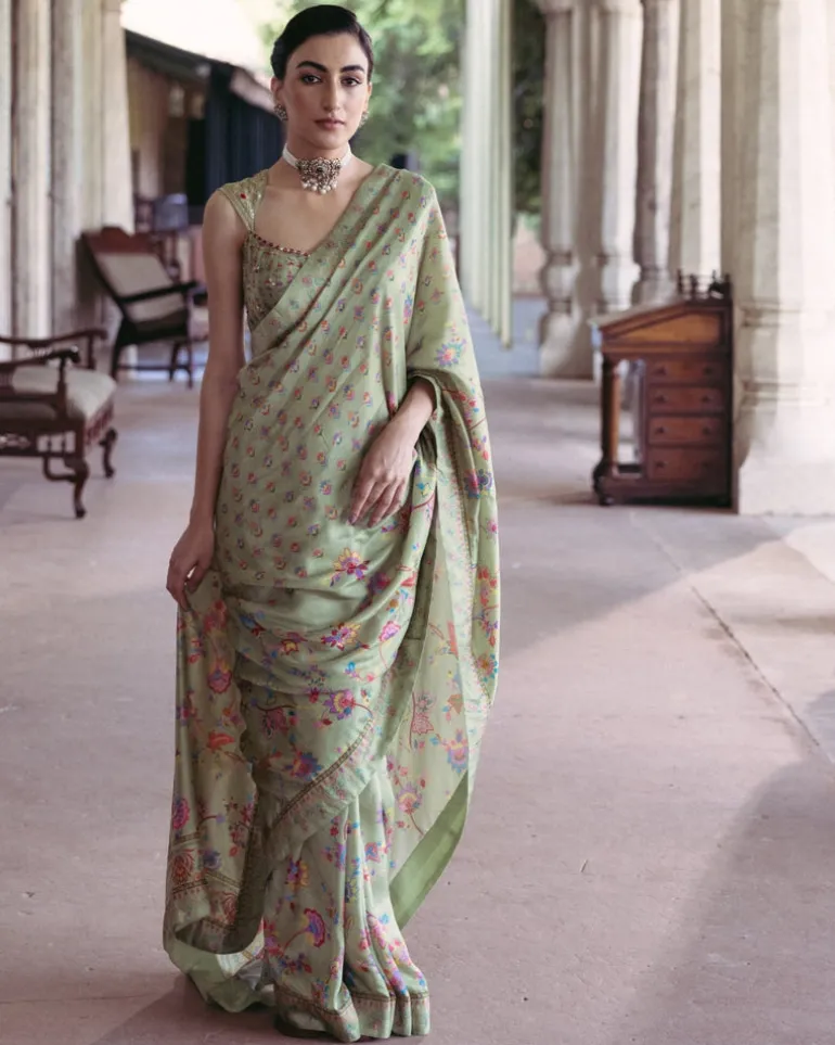 Green Embroidered Sari Set