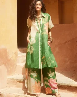 Green Habutai Floral Kurta Set