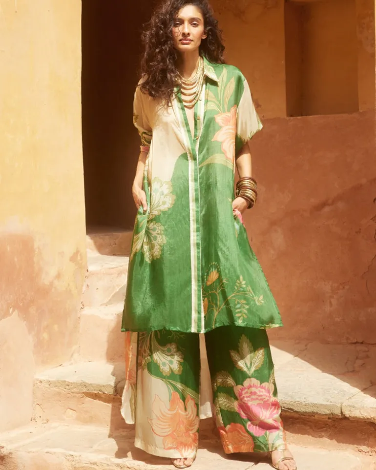Green Habutai Floral Kurta Set