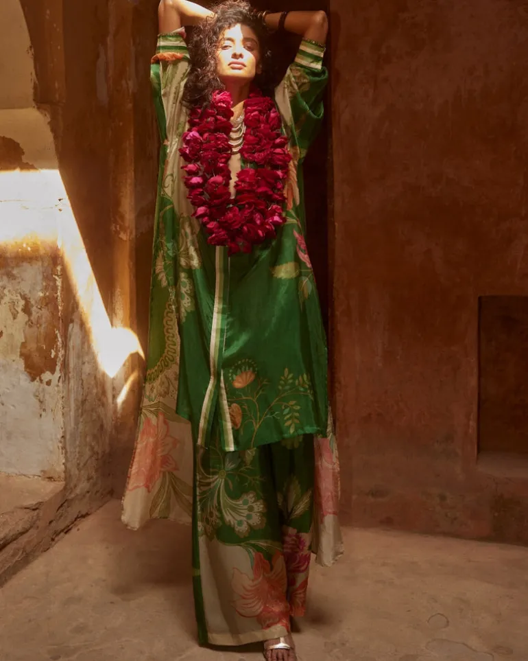 Green Habutai Floral Kurta Set