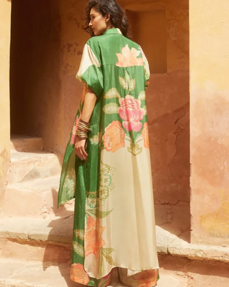 Green Habutai Floral Kurta Set