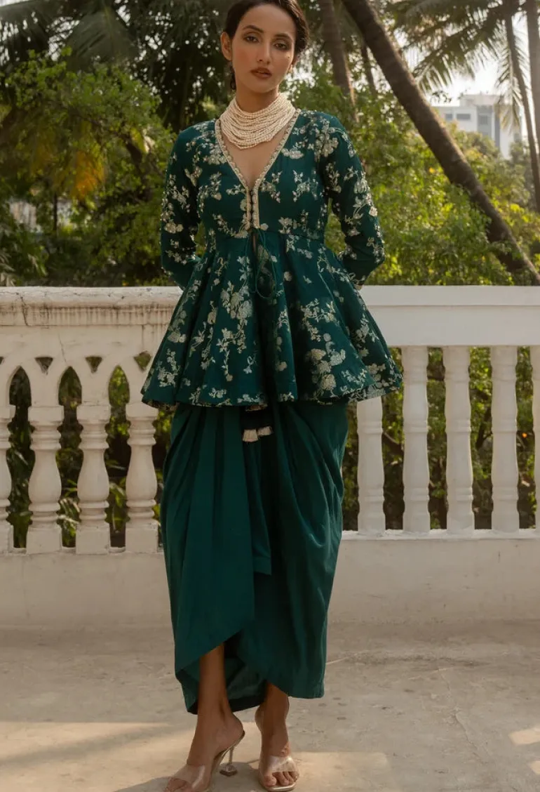 Green Jacquard Peplum Set