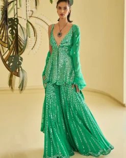 Green Mirror Work Sharara Set