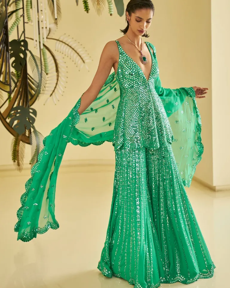 Green Mirror Work Sharara Set