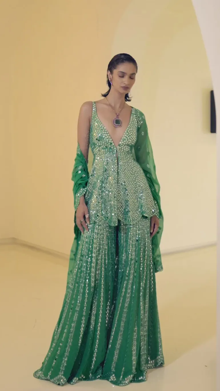 Green Mirror Work Sharara Set