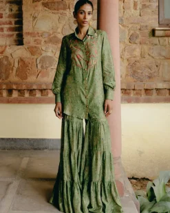 Green Mix Print Shirt & Gharara Set