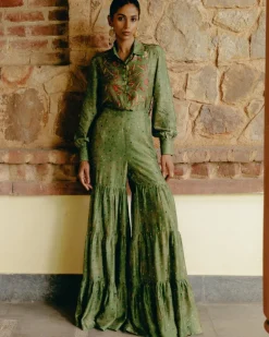 Green Mix Print Shirt & Gharara Set