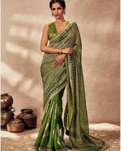Green Palm Blooms Tissue Sari Set