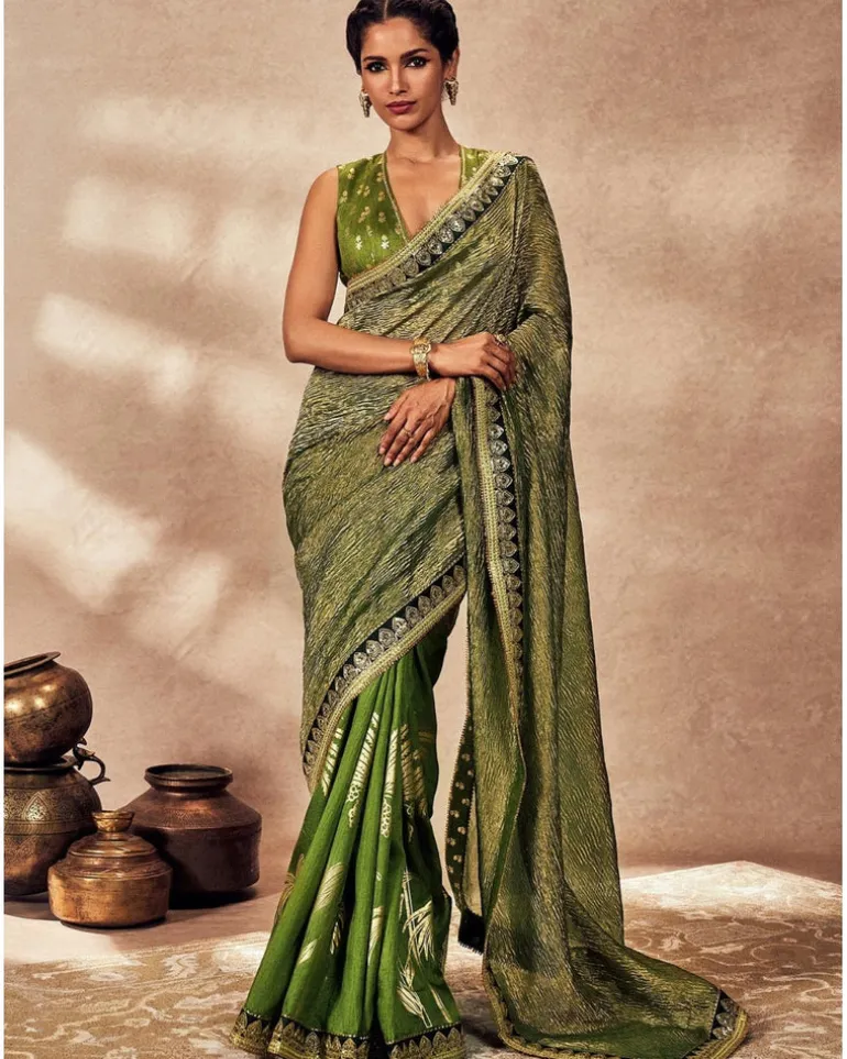 Green Palm Blooms Tissue Sari Set