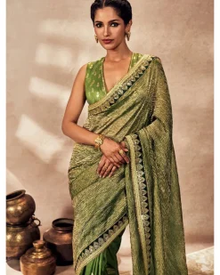 Green Palm Blooms Tissue Sari Set