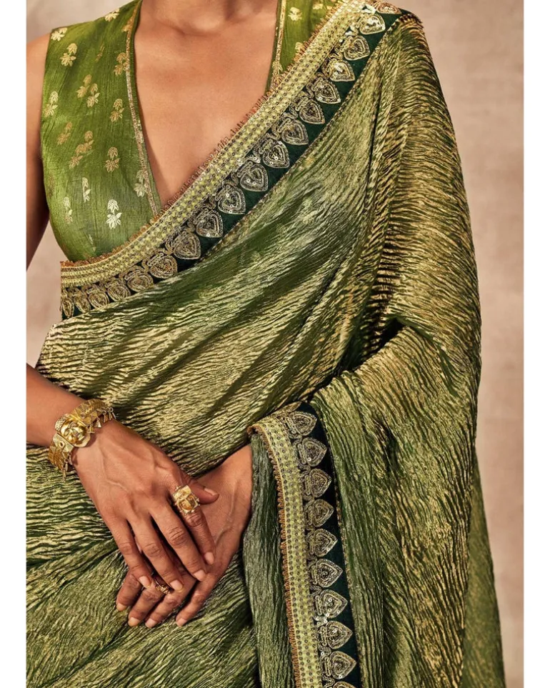 Green Palm Blooms Tissue Sari Set