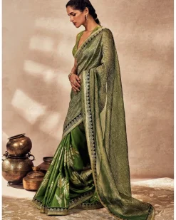 Green Palm Blooms Tissue Sari Set