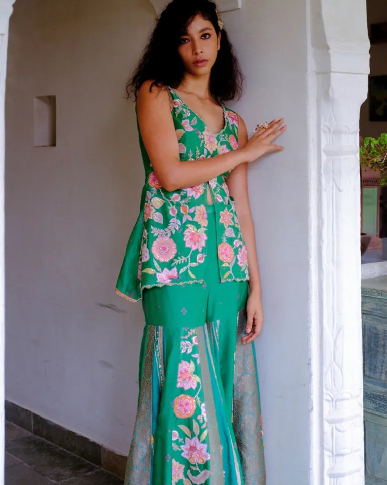 Green Peplum Sharara Set