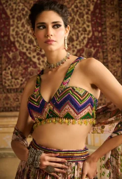 Green Print & Colorful Embroidered Blouse And Skirt Set
