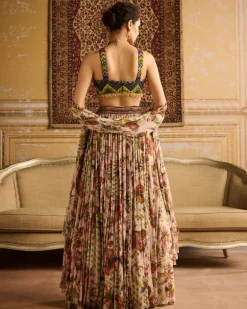Green Print & Colorful Embroidered Blouse And Skirt Set