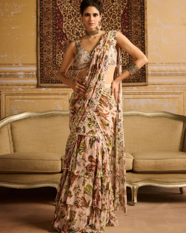 Green Print & Embroidered Tiered Skirt Sari Set