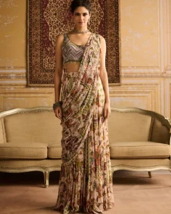 Green Print & Embroidered Skirt Sari Set