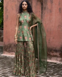 Green Printed & Embroidered Gharara Set