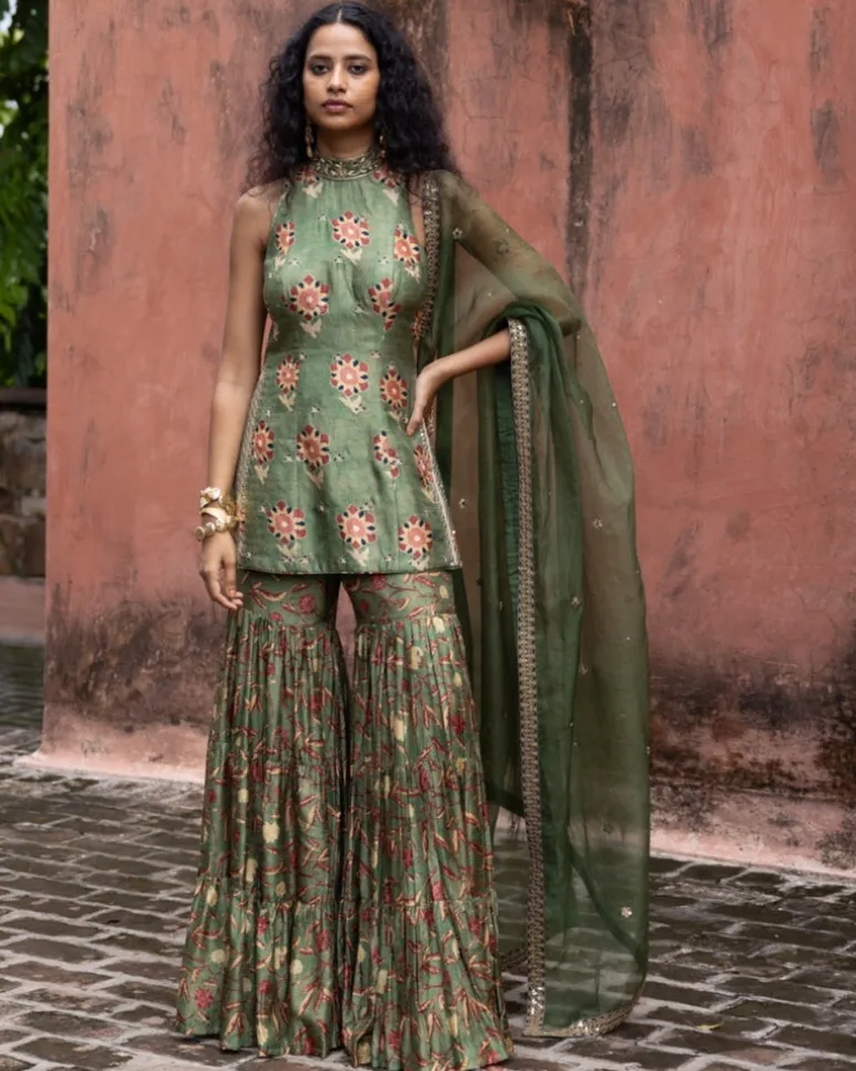 Green Printed & Embroidered Gharara Set