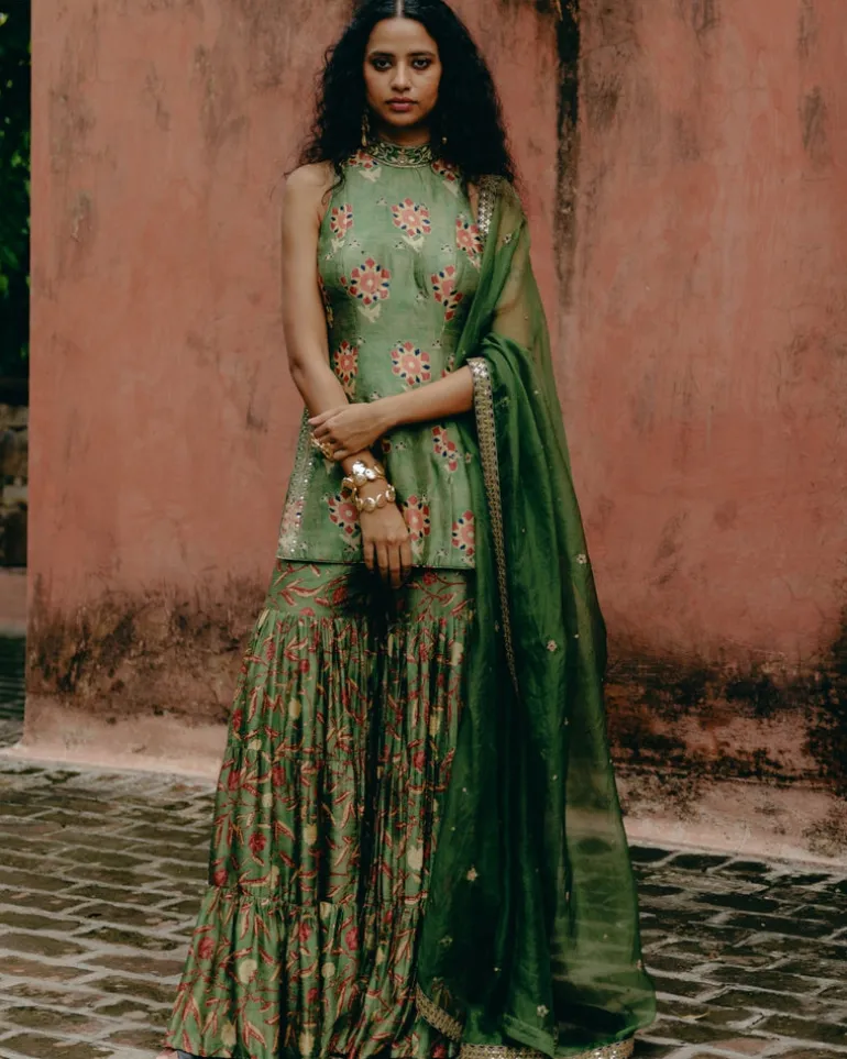Green Printed & Embroidered Gharara Set