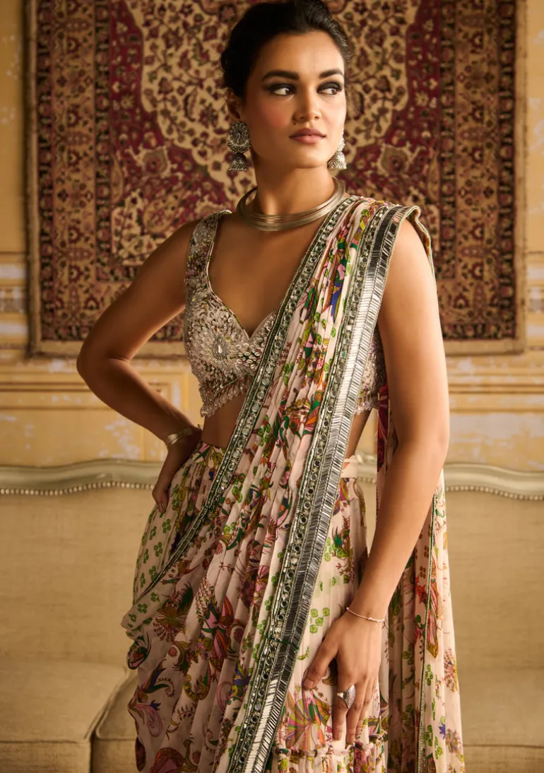 Green Printed Embroidered Sari With Sweetheart Blouse Set