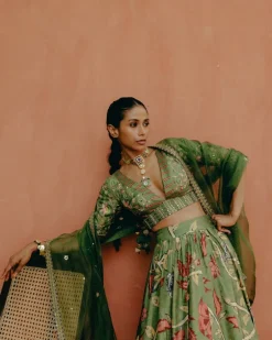 Green Printed Gathered Lehenga Set