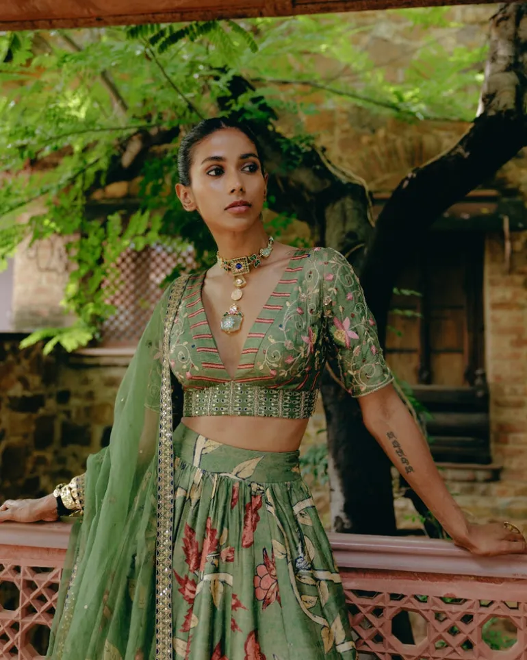 Green Printed Gathered Lehenga Set