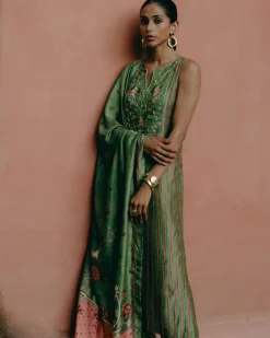 Green Printed Kurta With Ombre Dupatta Set