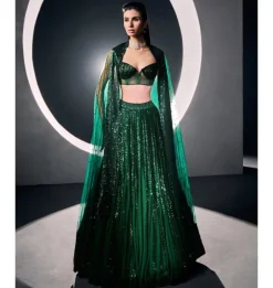 Green Vertical Sequins Lehenga Set