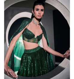 Green Vertical Sequins Lehenga Set